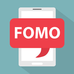 FOMO fear of missing out wriiten in speech bubble on smartphone- vector illustration