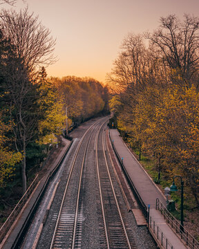 Metro North train tracks at sunset, Beacon, New York