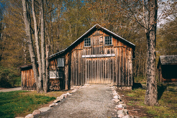 A wooden barn in the woods, Millbrook Village historic site, Delaware Water Gap, New Jersey
