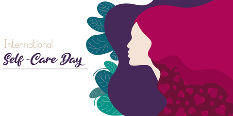 Obraz na płótnie Canvas Silhouette of young woman. Horizontal banner with a profile of a girl with long hair. Illustration with hearts in hair and trendy leaves. International Self-care day. Love yourself.
