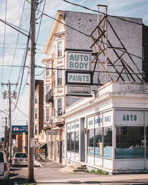 Old building with auto body sign, Schenectady, New York