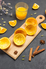 Orange peel on cutting board.