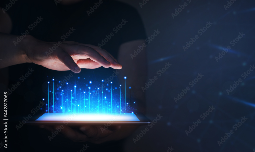 Poster businessman holding tablet with digital dot polygonal shapes. management global structure networking