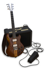 Naklejka premium Eighties rock electric guitar with aluminum neck, humbucker pickups, amplifier and wah-wah pedal.