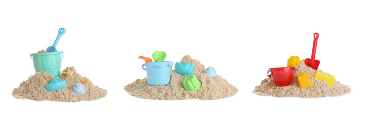 Plastic beach toys on piles of sand against white background, collage. Outdoor play