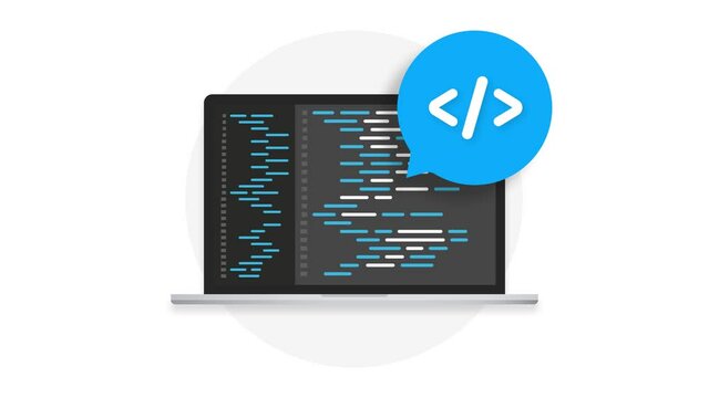 Cross-platform software. Coding laptop. Digital learning. Laptop screen. Motion graphics