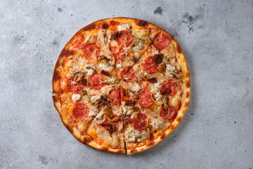 Pizza with sun-dried tomatoes, spicy sausage, chicken, onions, honey mushrooms, mozzarella cheese, spices and tomato sauce. Flat lay. On a light background
