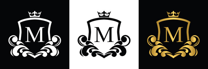 Golden Letter M template logo Luxury shield letter with crown. Monogram alphabet . Beautiful royal initials letter.