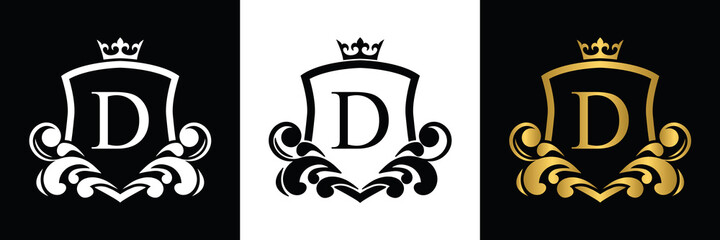 Golden Letter D template logo Luxury shield letter with crown. Monogram alphabet . Beautiful royal initials letter.