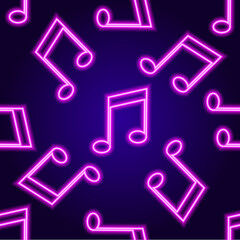 Vector neon signboard pattern of musical tone, pink color on a dark background. Vector seamless pattern of neon glowing outline notes of lilac color music symbol on a dark blue background for a design