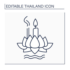 Siamese festival line icon. Float ritual vessel or lamp. Loi krathong. Candles and lotus flower. Thailand concept. Isolated vector illustration. Editable stroke