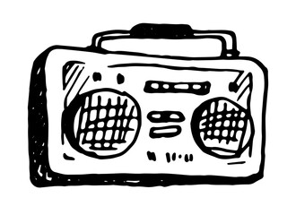 Vector isolated elements of a portable music recorder with a black outline, hand-drawn in the doodle style on a white background for a design template. vintage cassette rectangular tape recorder with 