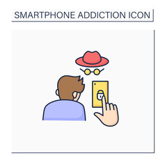Smartphone addiction color icon. Concealing smartphone use. Incognito mode. Anonymous. Private setting. Overwhelmed concept. Isolated vector illustration