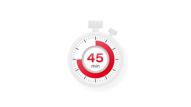 The 45 minutes timer. Stopwatch icon in flat style. Motion graphics.