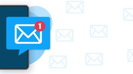 New message icon on screen of laptop. Smartphone, mobile, laptop. New nessage in flat style. Motion graphics.