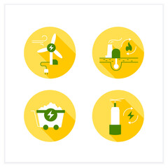 Energy flat icons set. Wind, coal energy, renewable fossil fuels. Storage. Power stations. Electricity generation concept. Vector illustrations