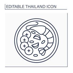 Tom yum goong line icon. Spicy Thai soup. Traditional dish with fresh shrimp, lemongrass, kaffir lime leaves. Trendy food. Thailand concept. Isolated vector illustration. Editable stroke
