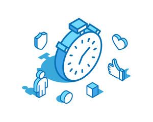 Stopwatch blue line isometric illustration. Timer, clock 3D banner template.