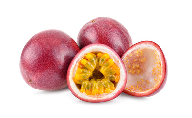 Purple passion fruit (Passiflora edulis) with cut in half isolated on white background