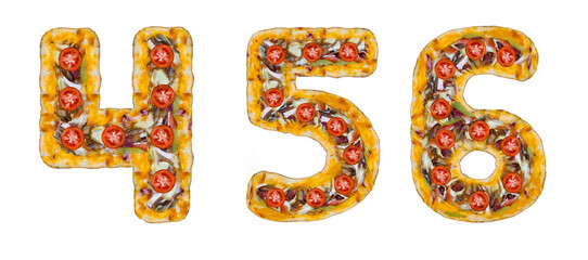 The numbers 4, 5, 6 are made of pizza