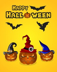 Obraz premium happy halloween template, pumpkin design wearing witch hat with different characters, happy halloween greeting card
