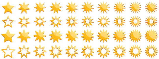 Forty stars. Set of 40 stars. Yellow five stars on a white background. Shiny star for applications and websites.
