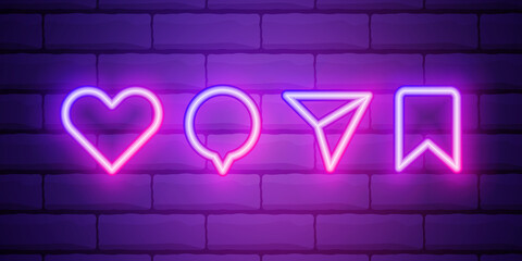 Heart icon with repost and comment neon signs icons on a dark brick wall background.