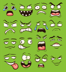 Cartoon faces with different expressions over a green background. Vector clip art illustration with simple gradients. Each on a separate layer.
