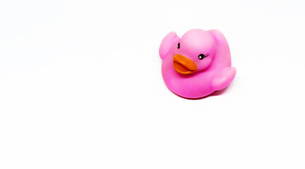 Pink rubber duck with orange beak isolated on a white background.