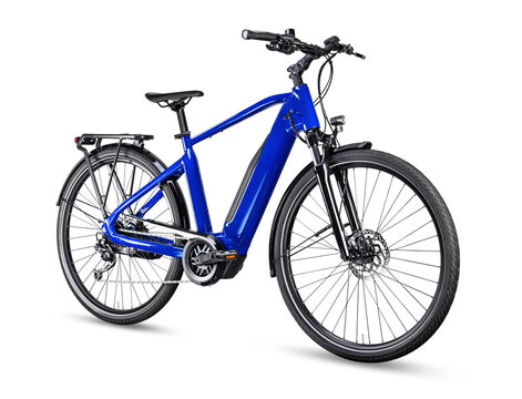 blue modern mens mid drive motor city touring or trekking e bike pedelec with electric engine middle mount. battery powered ebike isolated white background. Innovation transportation concept.