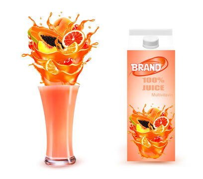 Sweet exotic juice splash. Whole and sliced papaya, cherry, peach, grapefruit and orange in a sweet juce or cocktail with splashes.  Design template. Vector