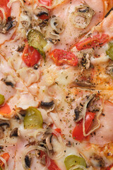Pizza with tomatoes, cucumber, ham, mushrooms, onions, cheese and spices. A closeup of a pizza.