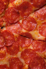 A closeup of a pepperoni pizza. Pizza with spicy sausage, tomato sauce and mozzarella cheese.