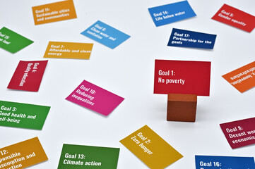 There is card with the statement Goal 1: No poverty on it one of the goals of the SDGs.