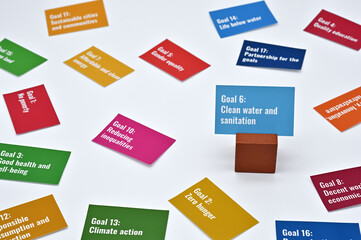 There is card with the statement Goal 6:Clean water and sanitation on it one of the goals of the SDGs.