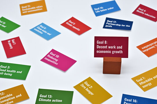 There is card with the statement Goal 8:Decent work and economic growth on it one of the goals of the SDGs.