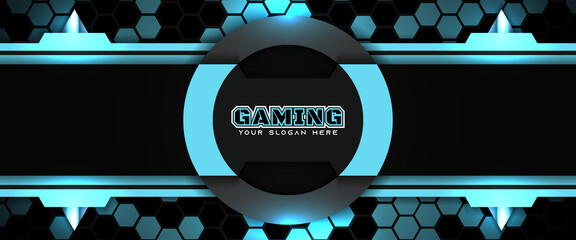 Futuristic black and blue gaming banner design template with metal technology concept. Vector illustration for business corporate promotion, game header social media, live streaming background