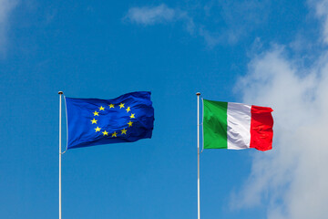 Flag Italy and flag EU. The concept of economics, relations in the European Union - 442826806