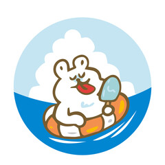 浮き輪を付けてアイスを食べるシロクマ 海の背景