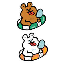 浮き輪を付けてアイスを食べるシロクマと熊