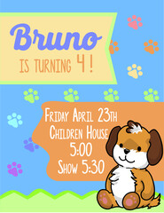 Invitacion de cumpleaños con un cachorrito con fondo de huellas de colores