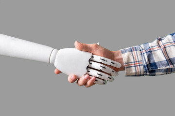 human and machine robot hand shake hands, concept of future technology