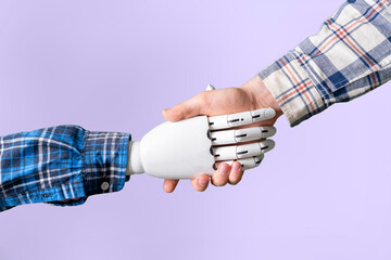 human and machine robot hand shake hands, concept of future technology