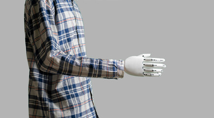 human like robot in casual clothes, futuristic technology, black and white metal hand