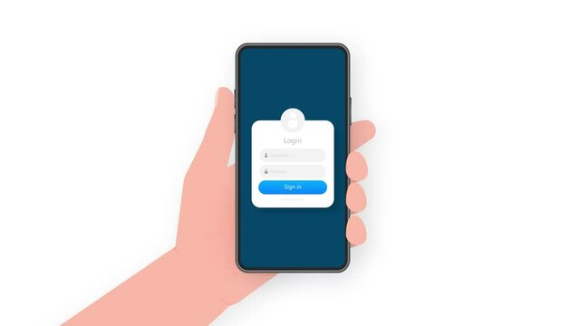 Hand holds phone with sign up form window on screen on blue background. Motion graphics.