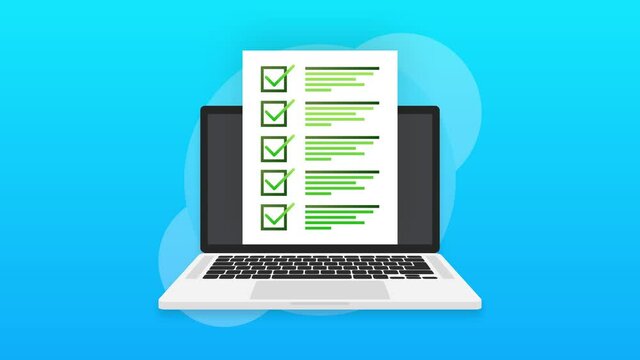 Laptop with online exam on green background. Motion graphics.