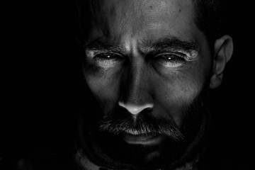 rostro de hombre con una mirada terrorífica transmitiendo miedo,  terror, pánico 