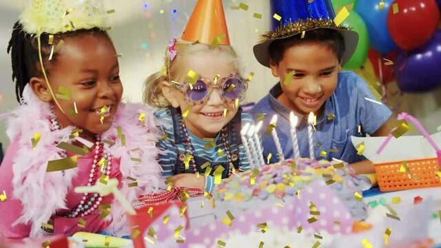 Animation of confetti over birthday cake and children having fun at party