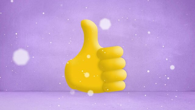 Animation of white spots of light floating over yellow thumb up like emoji on pale purple background