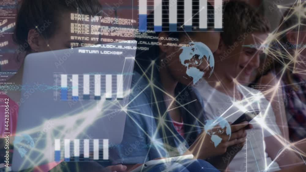 Poster network of connections and data processing against group of students using smartphone at school